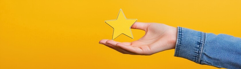 A person holds a yellow star against a vibrant yellow background, symbolizing achievement and recognition.