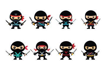 Set of Ninjas in various weapons vector illustrations