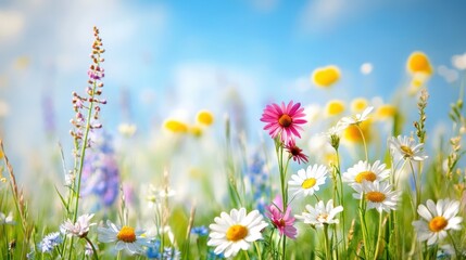 Fototapeta premium A vibrant field of wildflowers, blooming under a bright blue sky