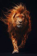 Naklejka premium A majestic lion walking through a dark, cinematic environment, its body composed entirely of intense golden flames, Generative Ai