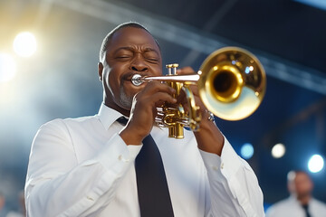 Black Trumpet Player Performing on Stage Under Dramatic Lighting