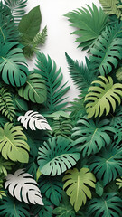 Lush paper-crafted tropical leaves form a vibrant and textured jungle design, creating a striking visual with varying shades of green.