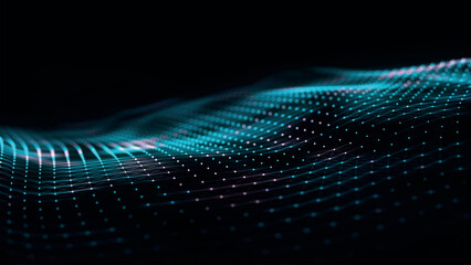 Futuristic point wave of particles. Visualization of sound waves. Dark background. Technology or science banner. Abstract, colorful digital 3D wave. Vector illustration.