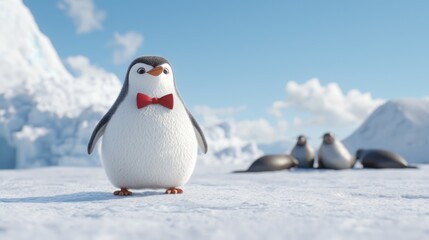 Obraz premium Superior Dapper Penguin Watching Seals Slip on Ice in 3D Rendered Frozen Landscape - Ultra-Detailed Digital Artwork of Humorous Moment
