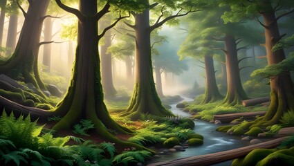 a forest with a stream running through it and a forest with trees in the background.