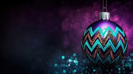Deep amethyst background with a Christmas ornament shape created from negative space, filled with vibrant turquoise and copper zigzag patterns, accented by a soft silver glow for added depth