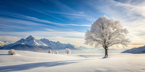 Serene winter landscape featuring a snow-covered tree and majestic mountains under a brilliant blue sky