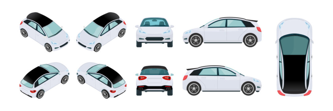 White Car Vector Template: 3D Views from All Angles - Isometric, Front, Rear, Side, Top - Business Hatchback and Sedan Mockup. Vector.