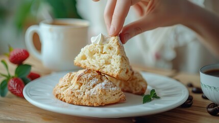 The bistro offers coffee, desserts, and fresh bakery treats.A cozy breakfast scene featuring a hand reaching for a chocolate chip scone and a cup of coffee on a rustic table.