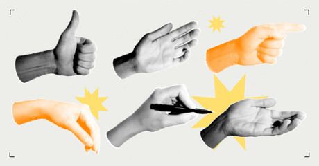 Set of halftone images of hands. Pop art retro style illustration