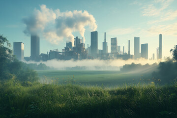 Industrial Skyline with Smoke and Green Fields in the Foreground