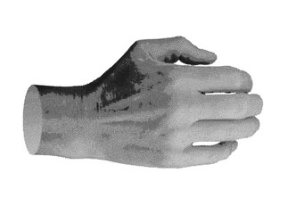 Bent fist with dorsal side showing, isolated in retro halftone dot style. Nostalgic 1990s inspired design symbolizing motion or communication. Vintage grunge texture in monochrome