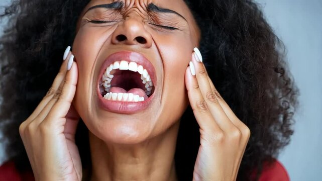A woman with a red shirt is biting her teeth