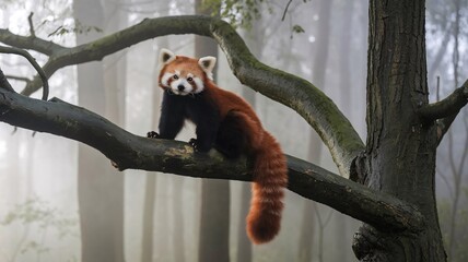 Obraz premium Red Panda Relaxing on Tree Branch in Misty Forest