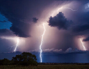 White bright lightning in the dark blue sky.