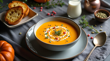 Creamy Pumpkin Soup with Herb Garnish and Swirl