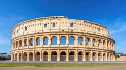 Naklejka premium The majestic Colosseum rises majestically under a brilliant blue sky, showcasing ancient Rome's architectural brilliance at its finest