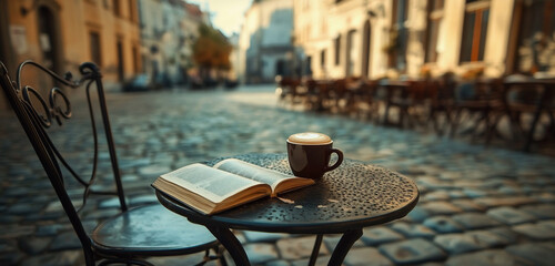 Street cafe. A table with an open book and a cup of coffee. A table in the middle of an empty square, in the background a blurred landscape of the old city market.