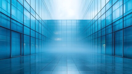 Obraz premium Morning fog partially obscuring top of glass curtain wall building, creating atmospheric gradient effect