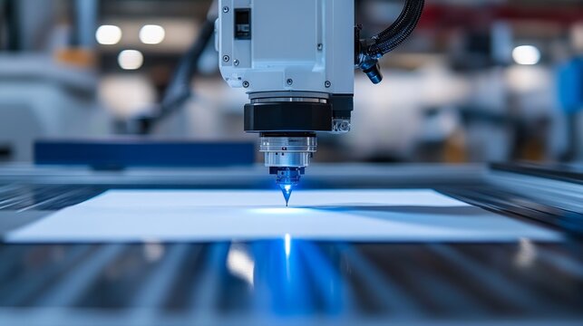 Close-up of robotic arm precisely etching a white surface with a blue laser beam in a modern factory.