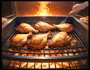 Fototapeta premium .Fried carcasses of chicken are fried on grill.