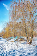 Fabulous landscape in city park with snowy trees and beautiful frozen river and footbridge