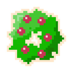 Christmas wreath in pixel art style. Vector sticker in retro video game style. 8 bit