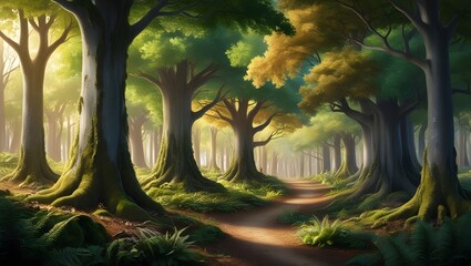 a forest with a stream running through it and a forest with trees in the background.