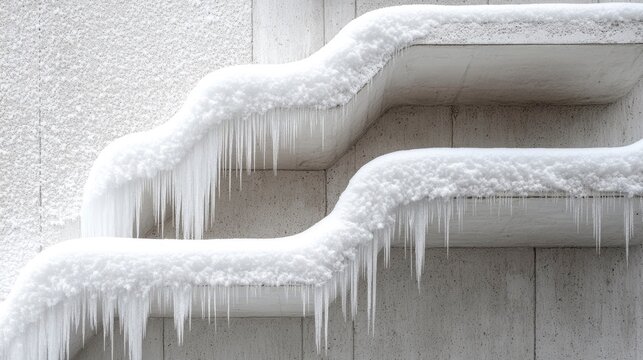 Snow accumulating on stepped curtain wall ledges, creating natural white geometric patterns