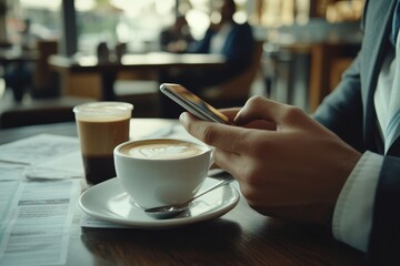 Businessman engaged in online news reading on smartphone while enjoying coffee at caf