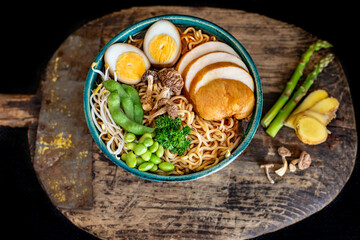 Ramen noodles , tonkotsu ramen bowl. 