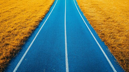 A vibrant blue running track stretches through a golden field, highlighting a contrast between the path and the surrounding nature.