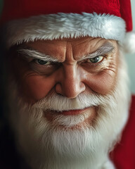 Santa Claus with a mischievous, intense gaze and a slight smile, finely detailed wrinkles, white beard, and red hat, embodying holiday charm and a touch of mystery.