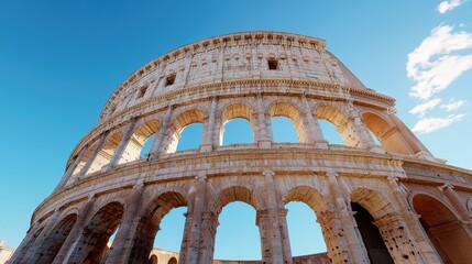 Fototapeta premium Explore the majestic Colosseum in Rome under a vibrant blue sky, a stunning reminder of ancient architecture and Roman history