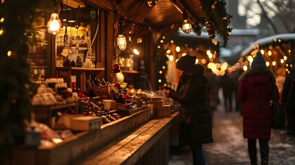 Cozy Winter Market with Handmade Crafts and Warm Lights at Dusk