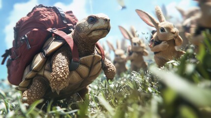 Surprised Tortoise with Backpack Watching Energetic Rabbits in 3D Rendered Humorous Hiking Scene