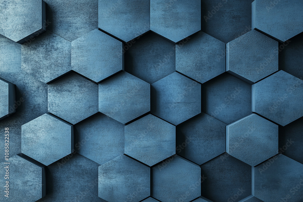 Poster A repeating pattern of dark blue, three-dimensional hexagons forms a textured wall