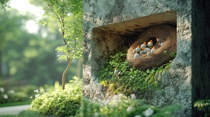 Birds nesting in curtain wall corner detail, urban wildlife adaptation
