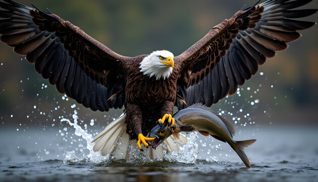 bald eagle catching a large fish from the water with splashes around