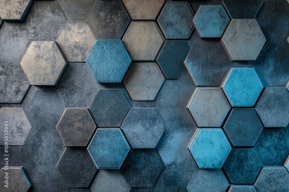 Poster Numerous hexagonal tiles in varying shades of blue and grey create a seamless, textured pattern
