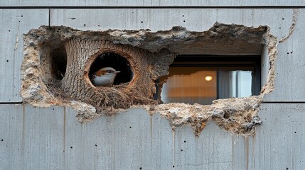 Birds nesting in curtain wall corner detail, urban wildlife adaptation