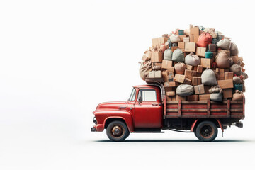 An overloaded old truck with boxes and bags. Space for text.