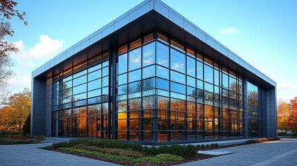 Fototapeta premium Curtain wall facade transition from glass to metal panels, showing material contrast