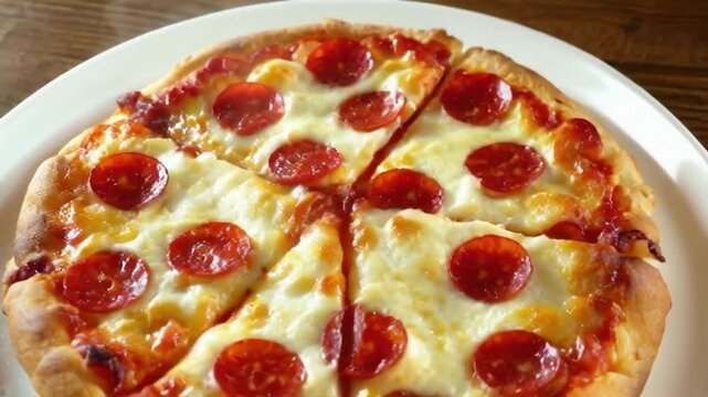 A slice of pepperoni pizza on a white plate. The pizza is cut into four pieces. The pizza is topped with pepperoni and cheese