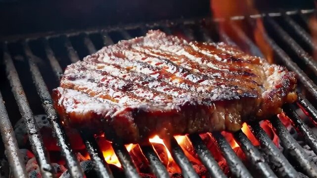 A steak is being cooked on a grill, with the flames licking the meat. Concept of anticipation and excitement, as the steak cooks to perfection
