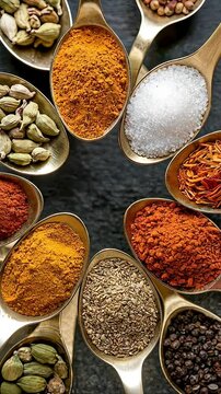 Wide array of dry spices displayed in spoons. Perfect for food and cooking themes.