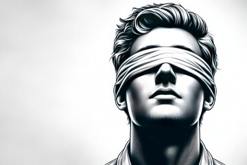 A man blindfolded on a light background. Space for text.