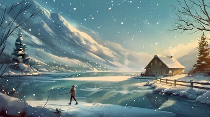Scenic Winter Scene of Ice Skater Near a Cozy Cabin by Snowy Mountains