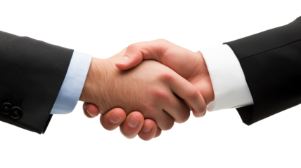 A firm business handshake between two diverse professionals on a white background