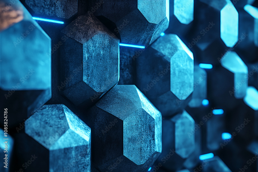 Poster Many dark-blue, faceted hexagonal forms create a textured, three-dimensional surface